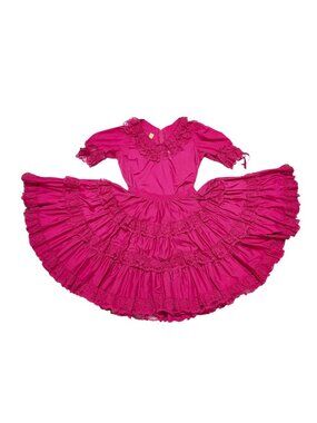 Vintage Circle Skirt Peasant Top Set Square Dance Hot Pink Lace Rockabilly Femme